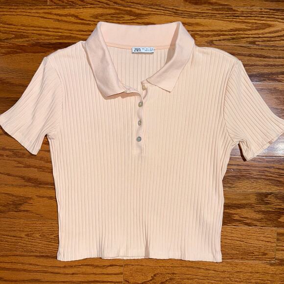 Zara Light Pink Collared Ribbed Cropped Baby Polo Top Size Large - Picture 6 of 10
